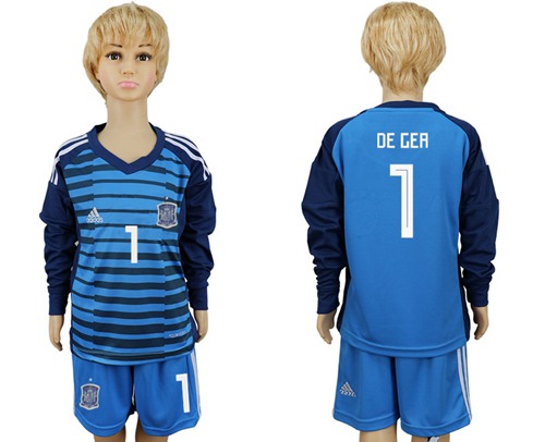 Spain #1 De Gea Blue Long Sleeves Goalkeeper Kid Soccer Country Jersey